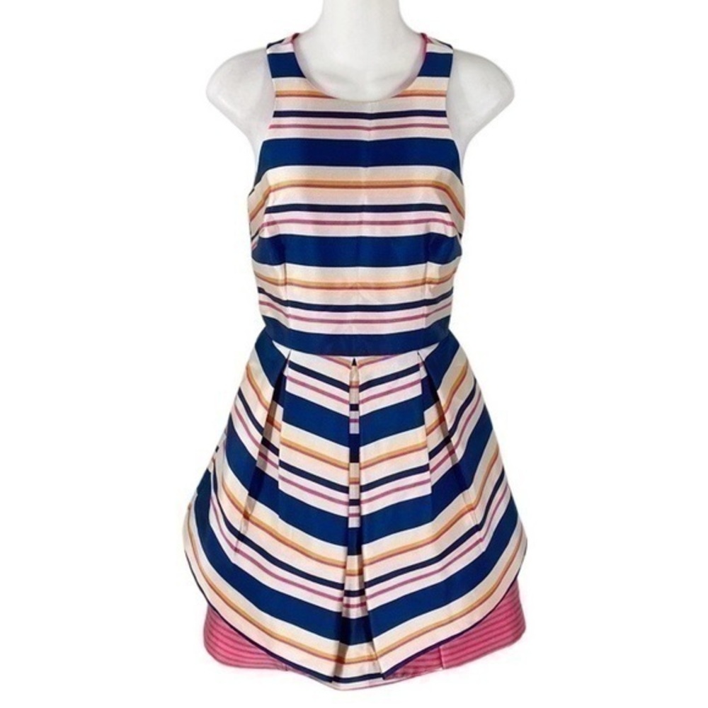 Trina Turk tan navy pink orange stripe sleeveless flare dress C.C9